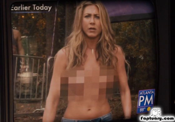 Jennifer Aniston topless on TV news cameras in the nude scene from Wanderlust